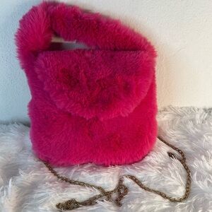 Hot Pink Faux Fur Shoulder Bag with Chain Strap